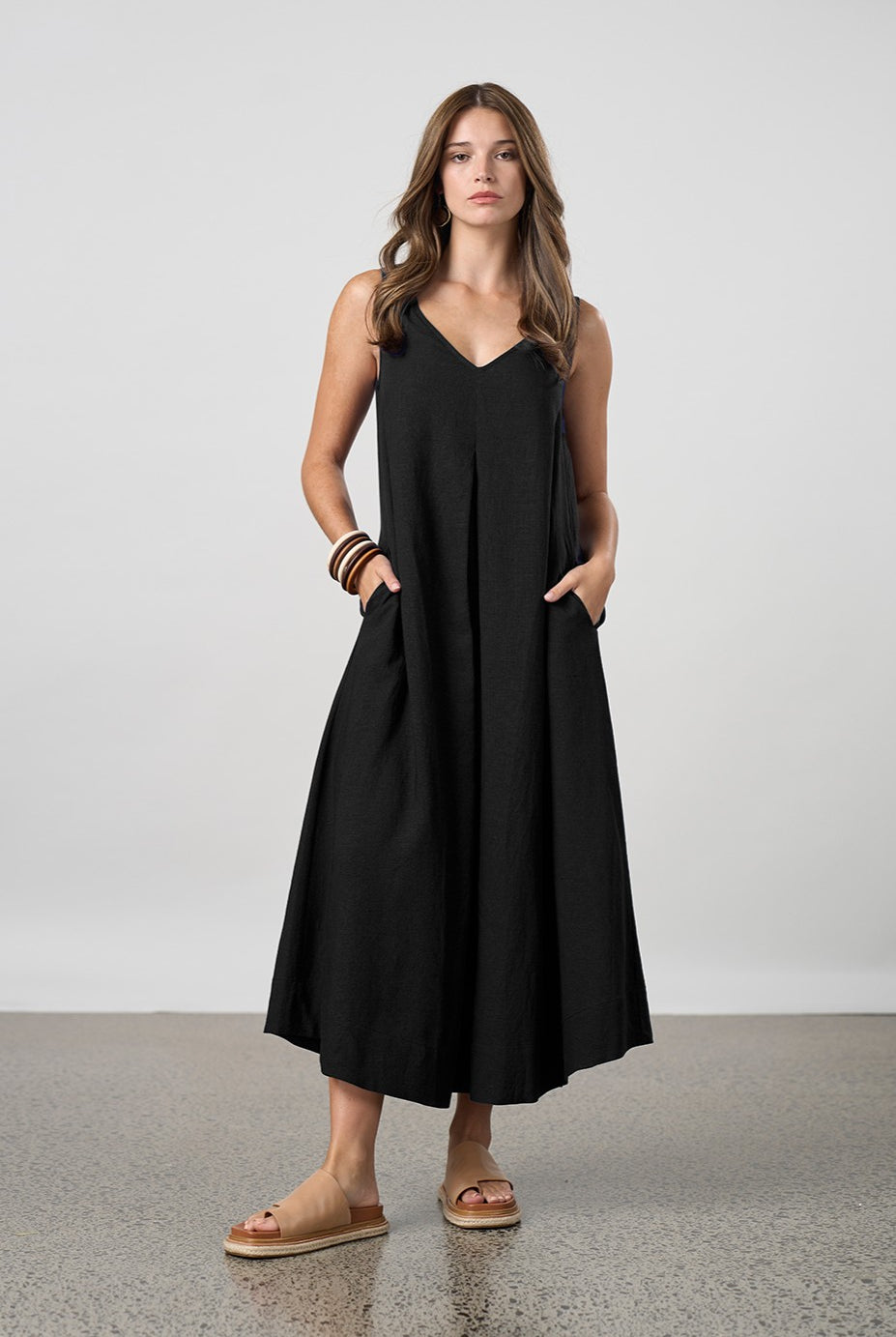 pleat maxi dress black worn by model