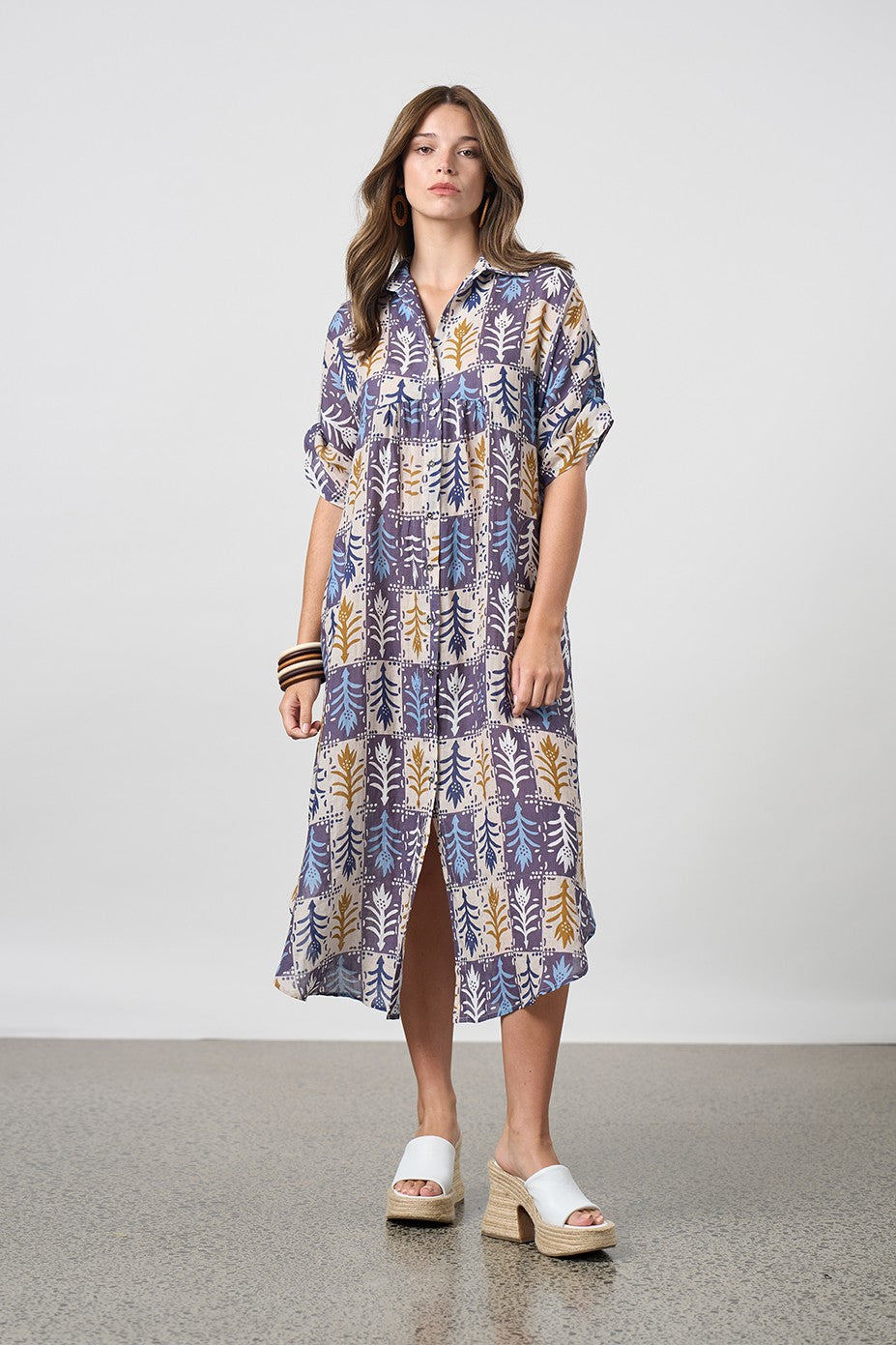 patchwork button through shirt dress worn by model