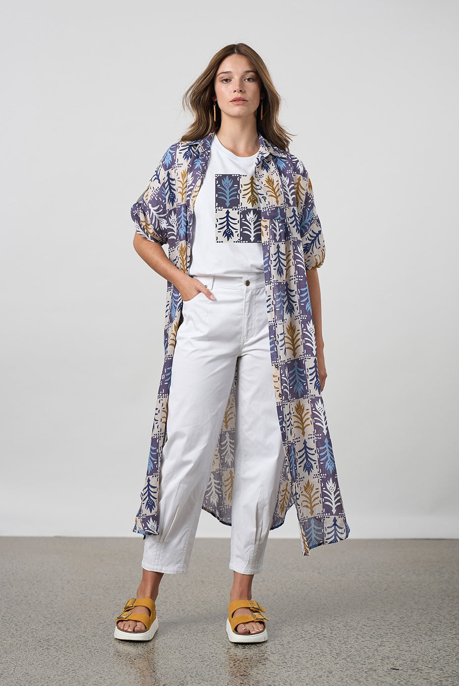 patchwork button through shirt dress worn by model