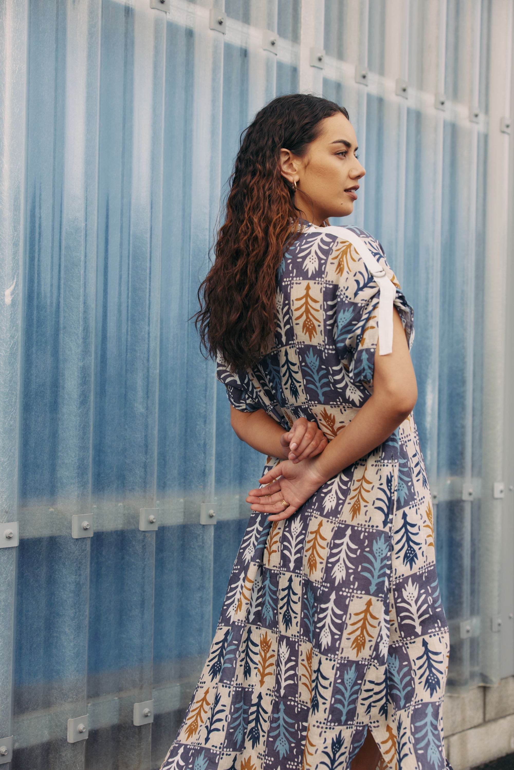 patchwork button through shirt dress worn by model outdoor