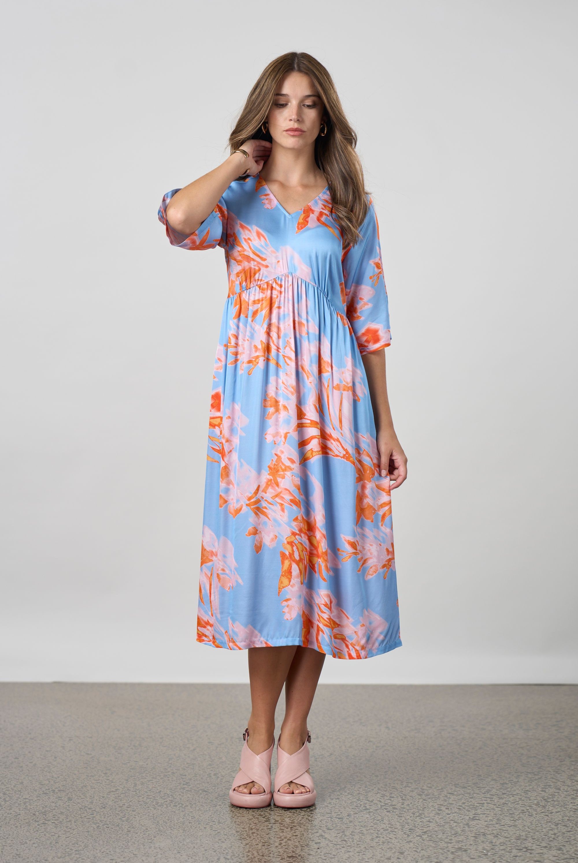 sky blue with coral floral midi dress worn by model