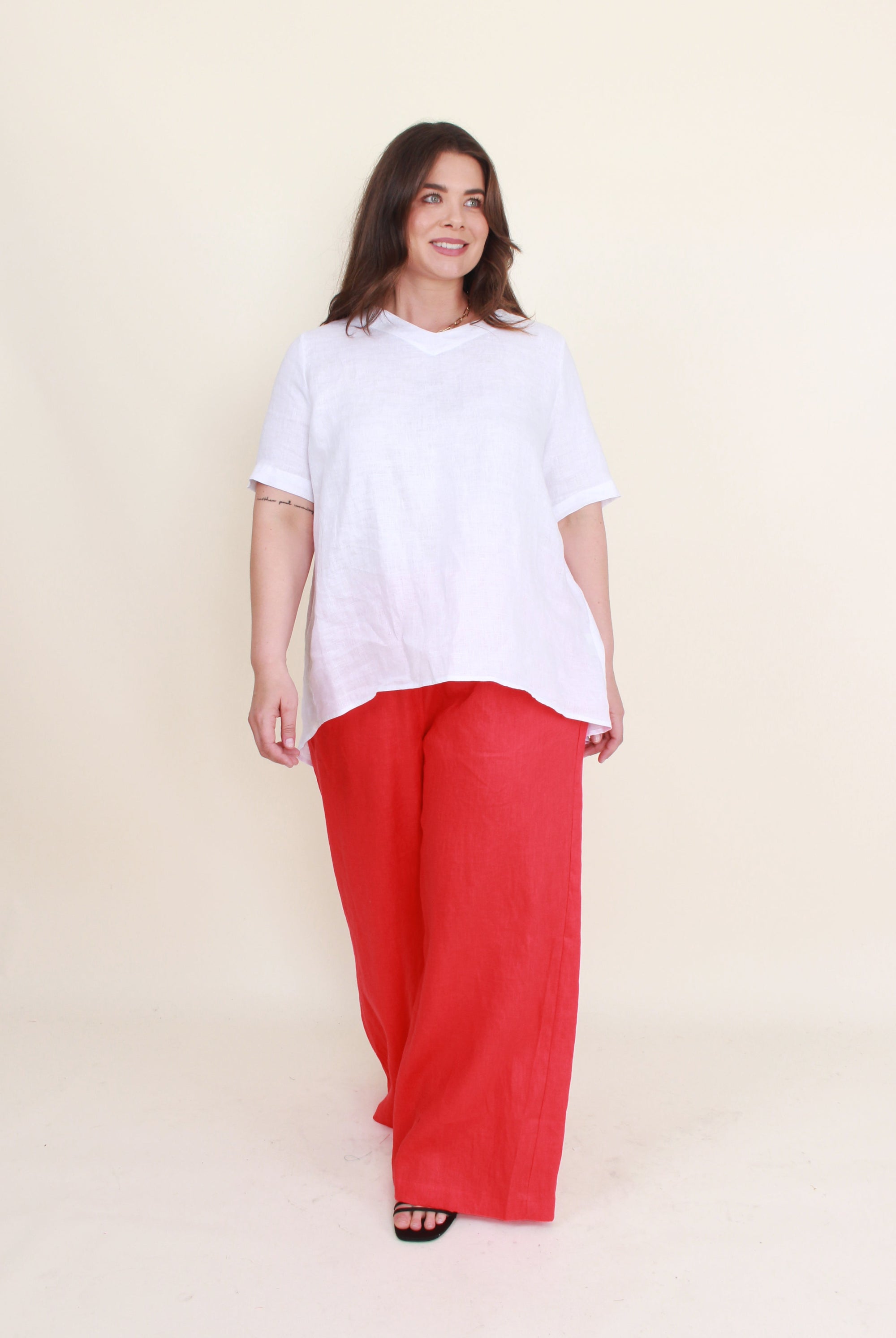 womens cocoon linen pant in red with white top worn by model