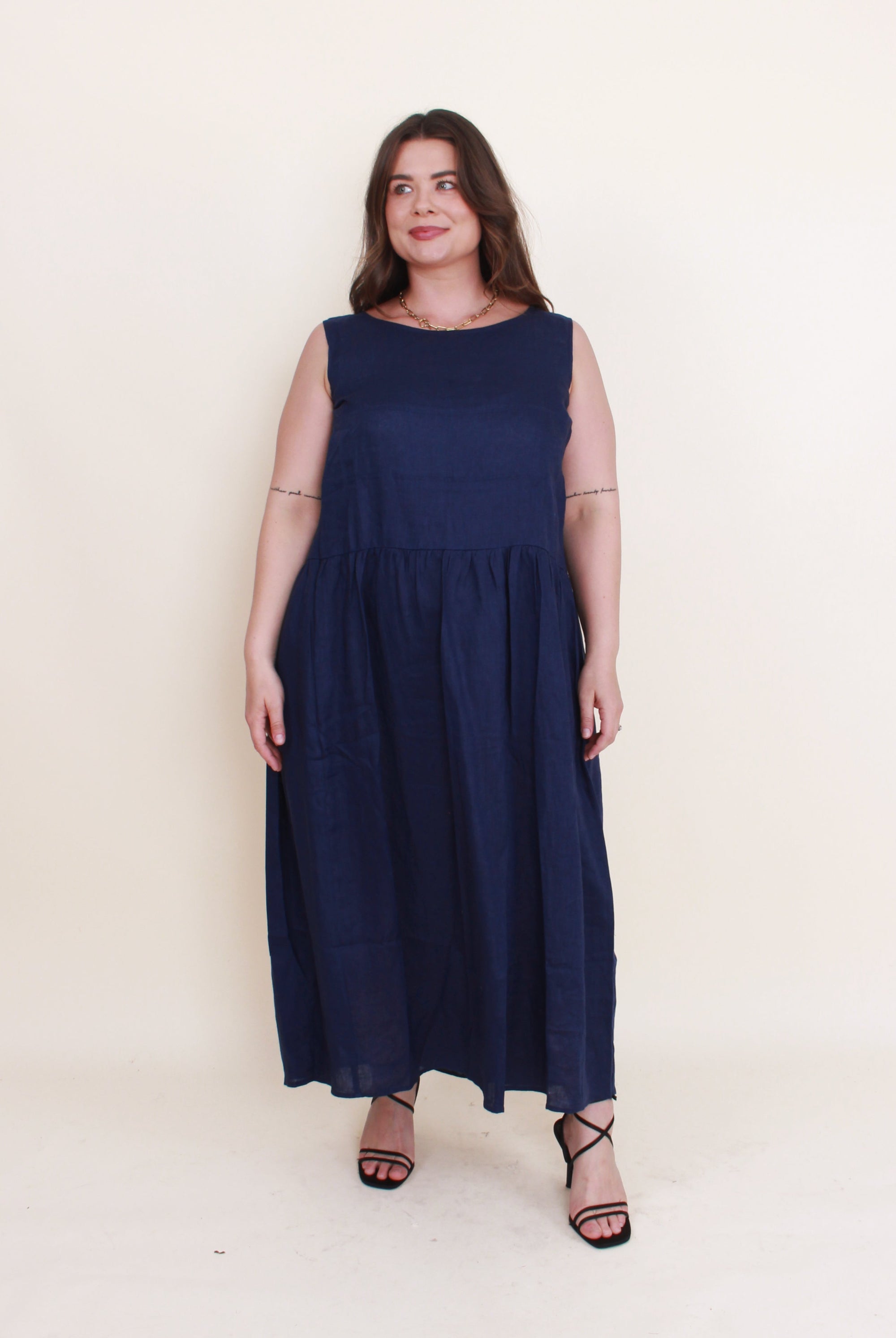 sleeveless linen midi dress navy worn by model