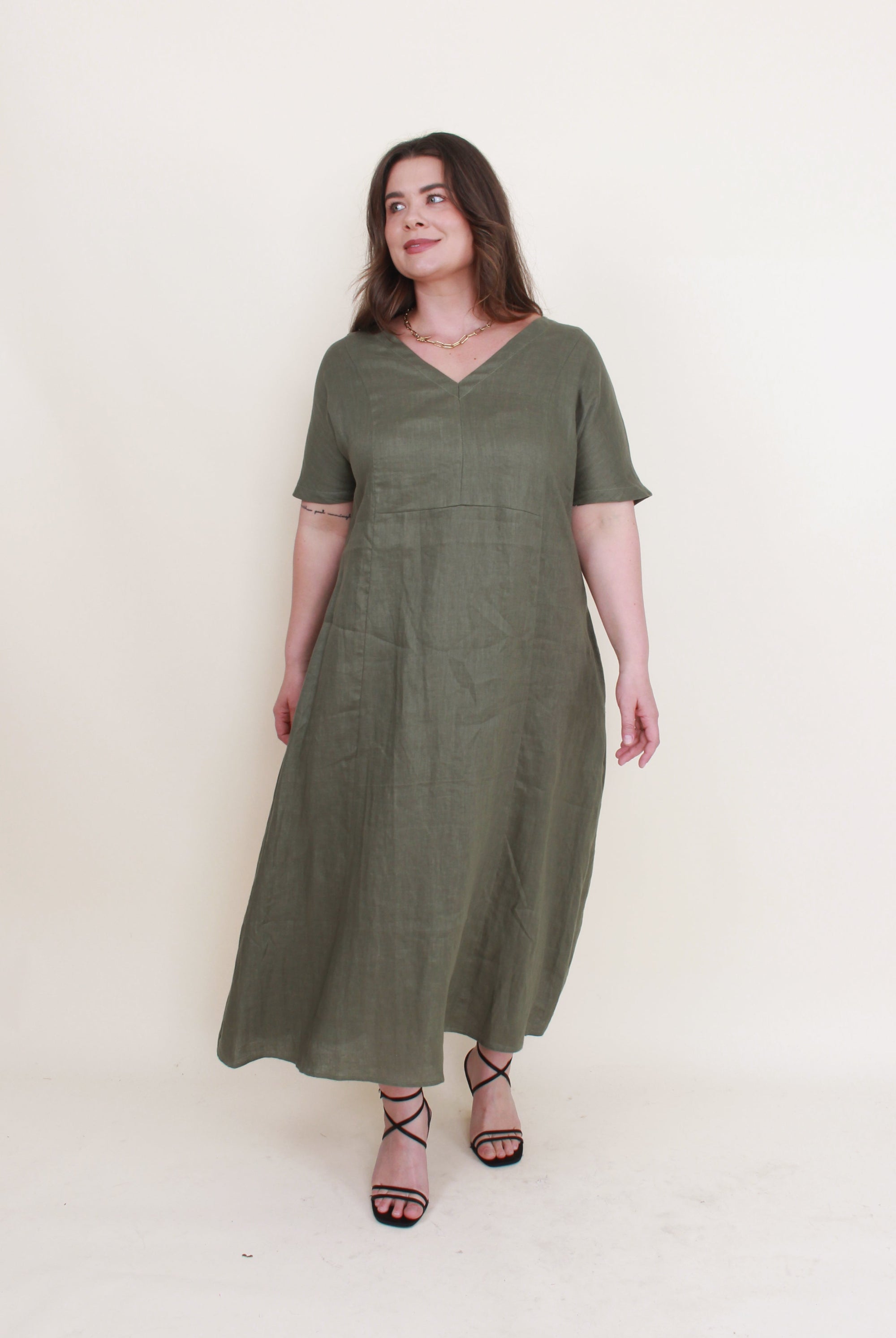 womens linen midi dress in khaki worn by model