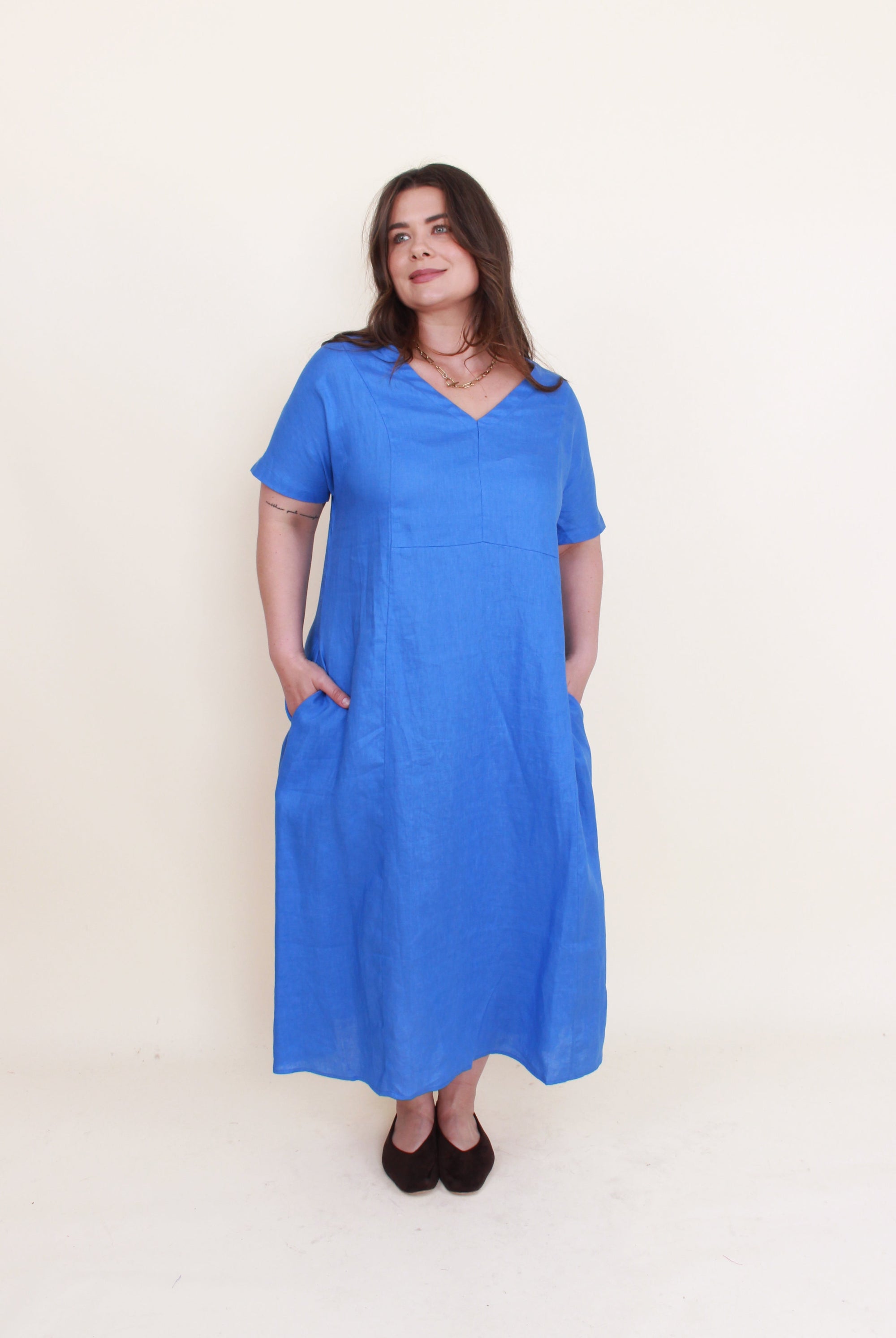 womens midi maxi linen dress in cornflower worn by model