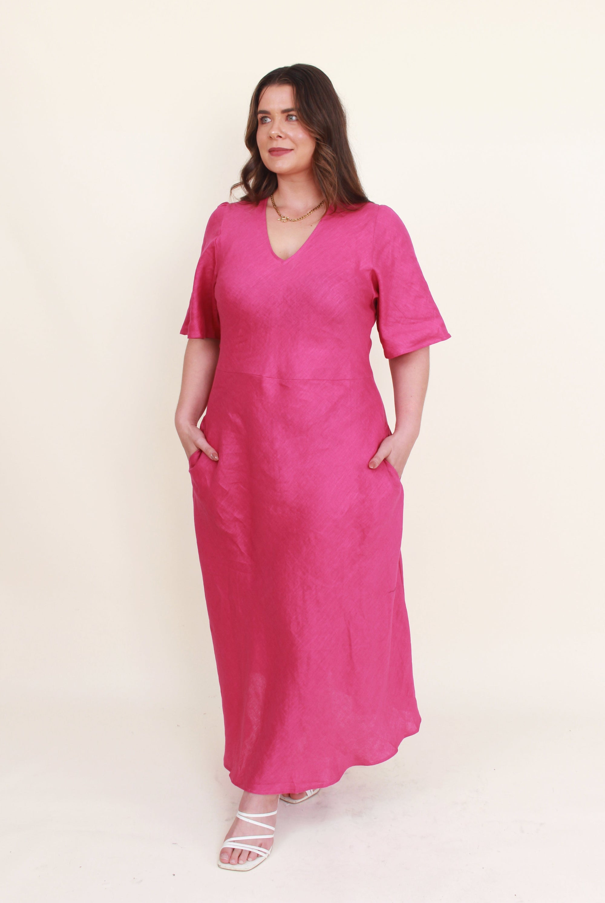 fuchisa midi dress with half sleeve worn by model