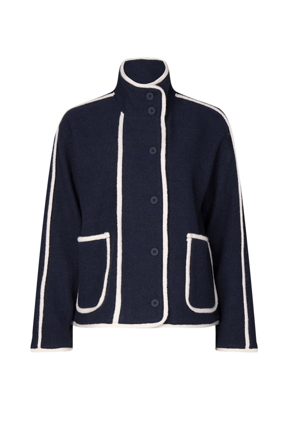 Navy jacket with white trim on a white background