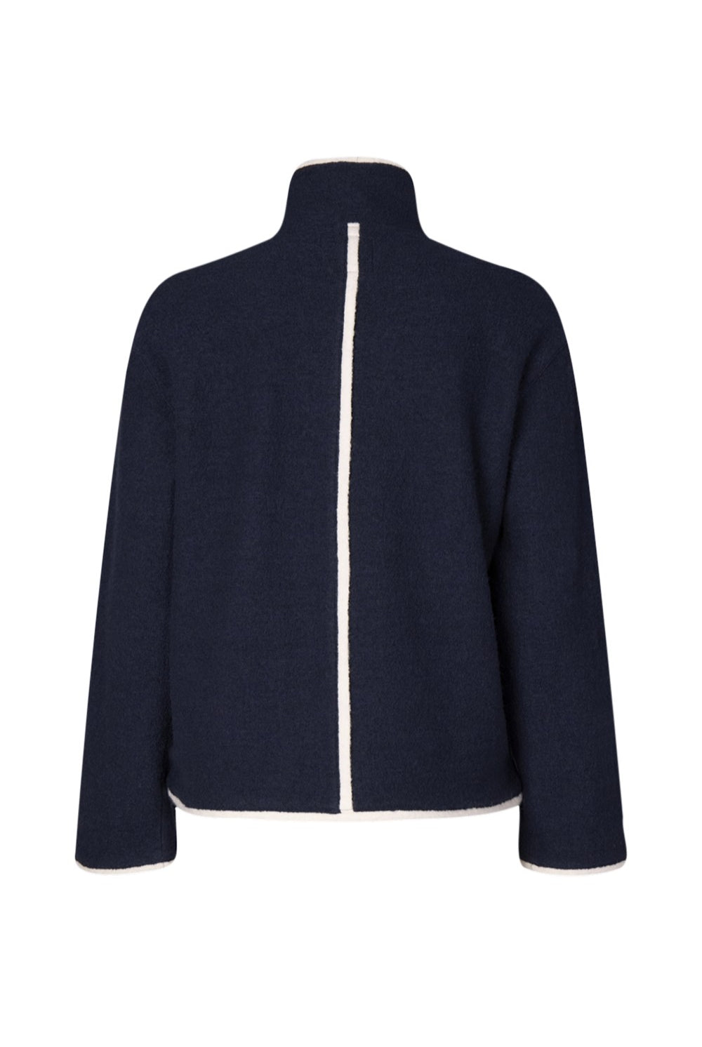 Navy blue jacket with a white stripe on a white background