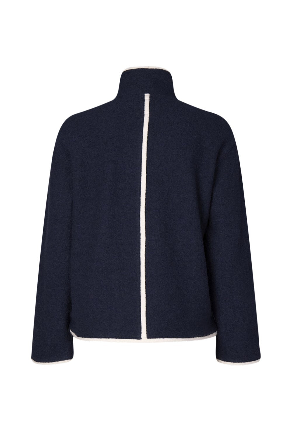 Navy blue jacket with a white stripe on a white background