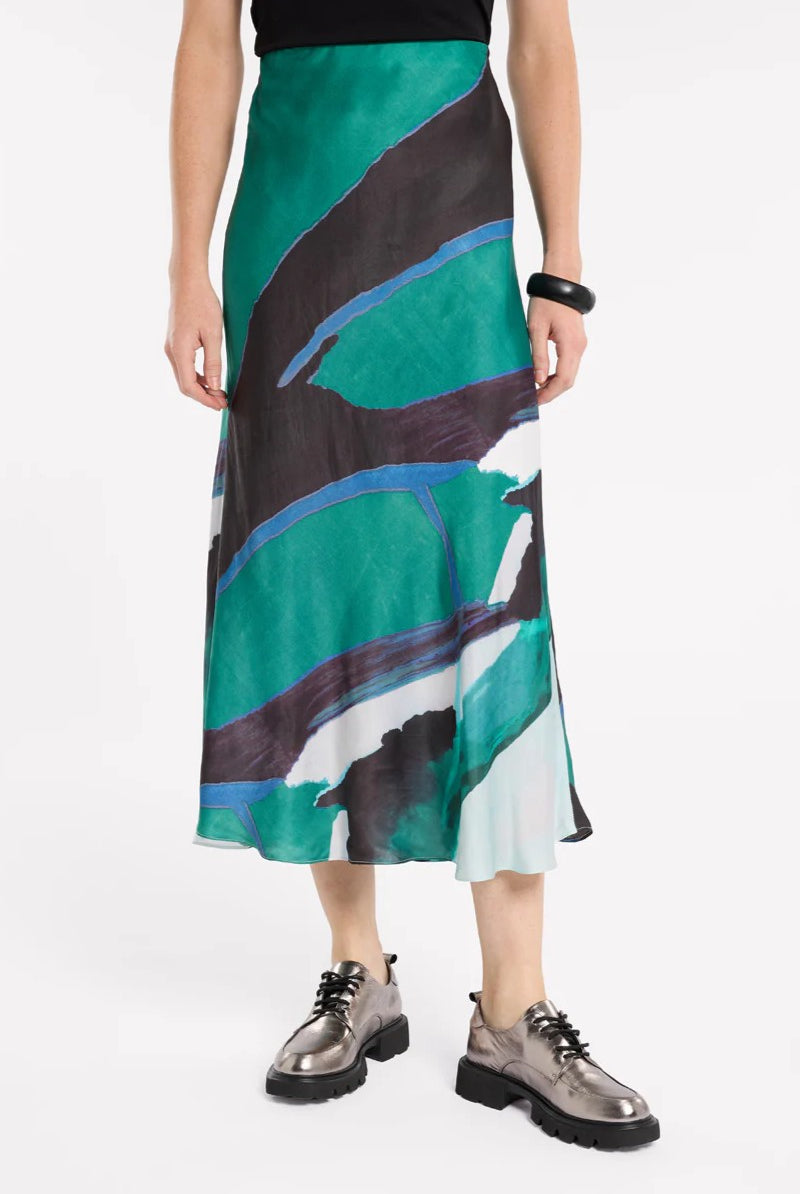 satin bias cut idi skirt emerald abstract print