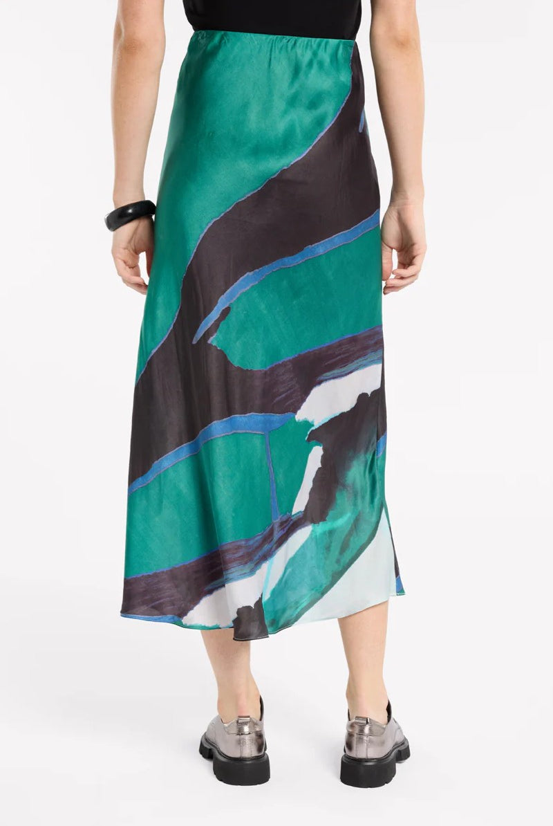 satin bias cut idi skirt emerald abstract print back view