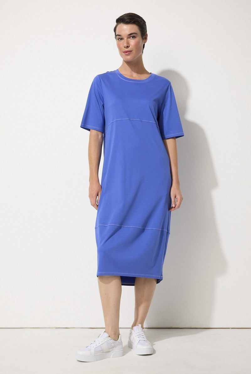 womens cocoon midi dress blue with top stitching worn by model
