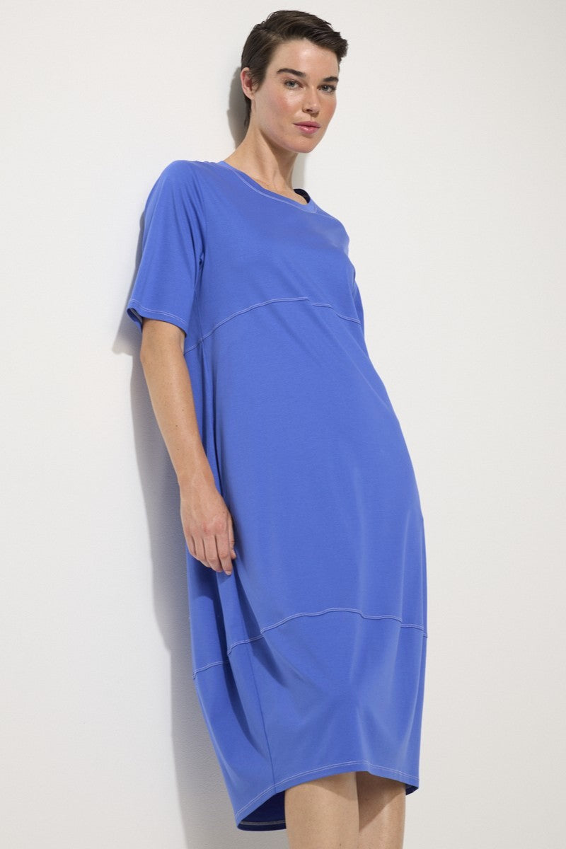 womens cocoon midi dress blue with top stitching worn by model