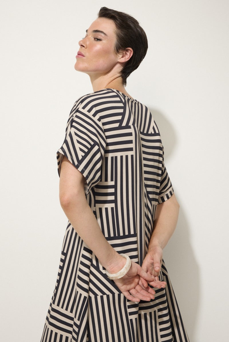 womens midi dress short sleeve stripe pattern black stone worn by model close up