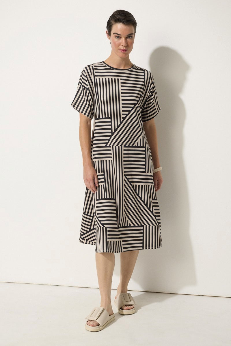 womens midi dress short sleeve stripe pattern black stone worn by model