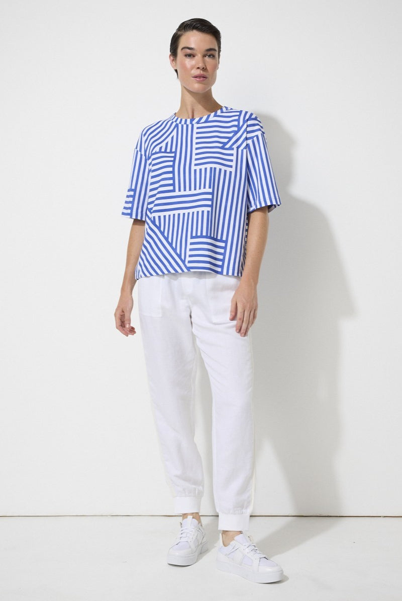 relaxed boxy tee crop sleeve blue and white striped splice pattern worn by model