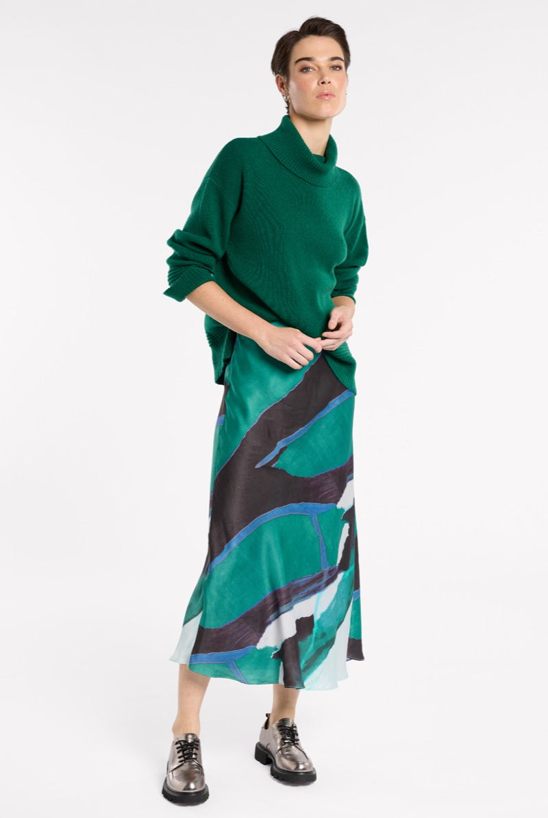 satin bias cut idi skirt emerald abstract print