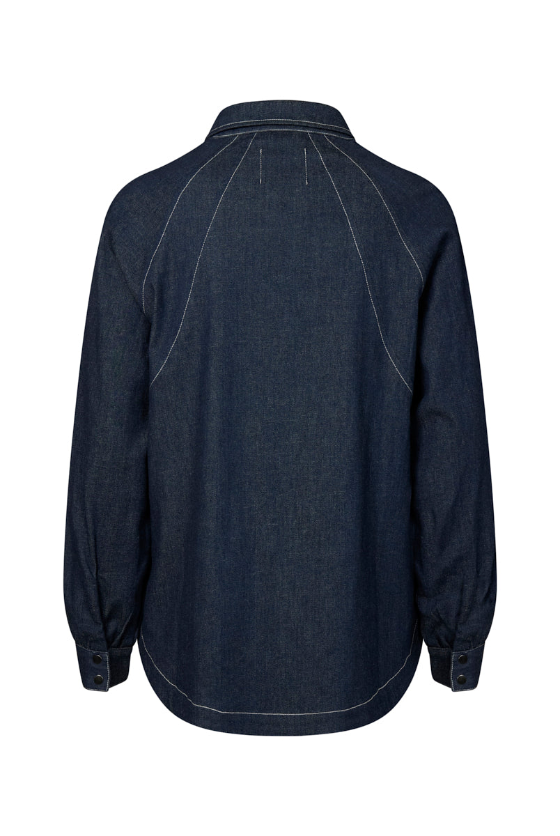 Back view of a dark blue denim shirt on a white background back angle