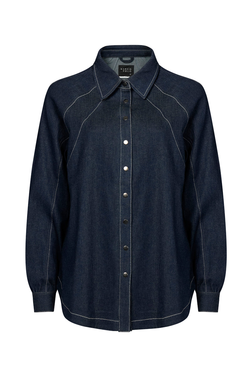 Dark denim shirt with white stitching on a white background