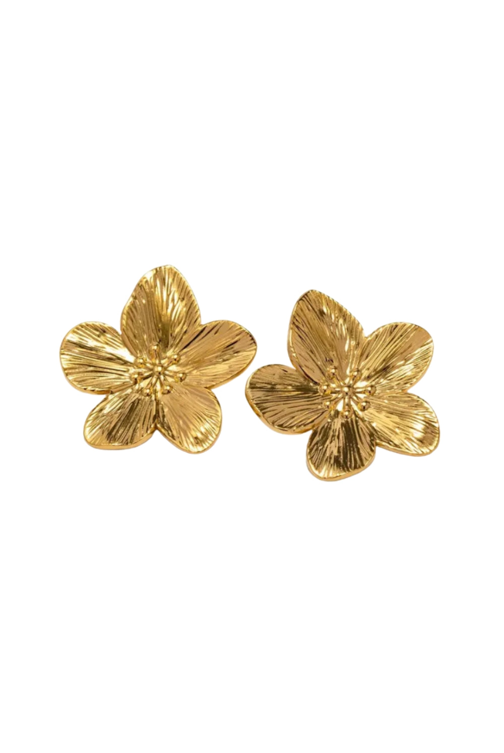 Pair of gold flower-shaped earrings on a white background