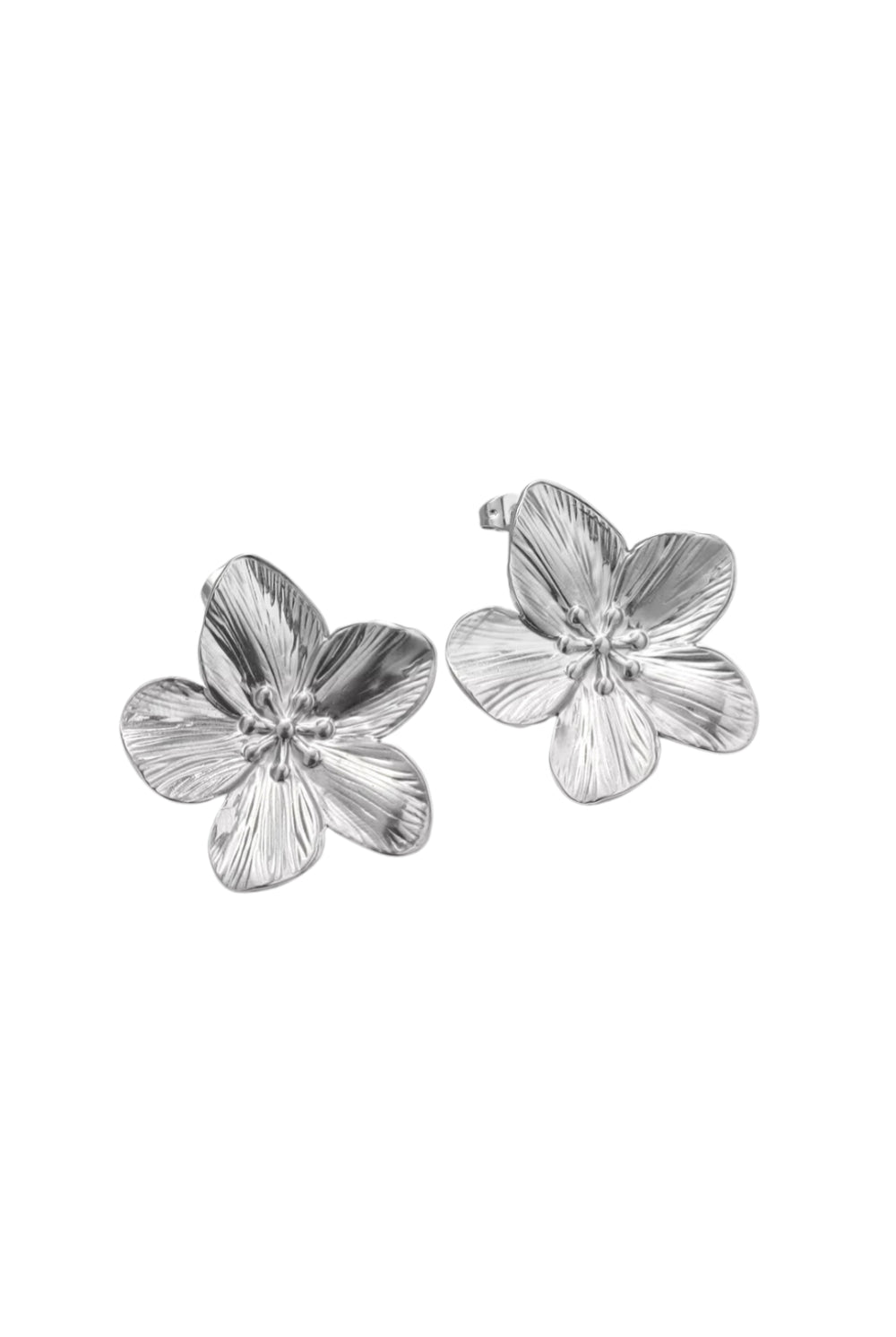 Pair of silver flower-shaped earrings on a white background