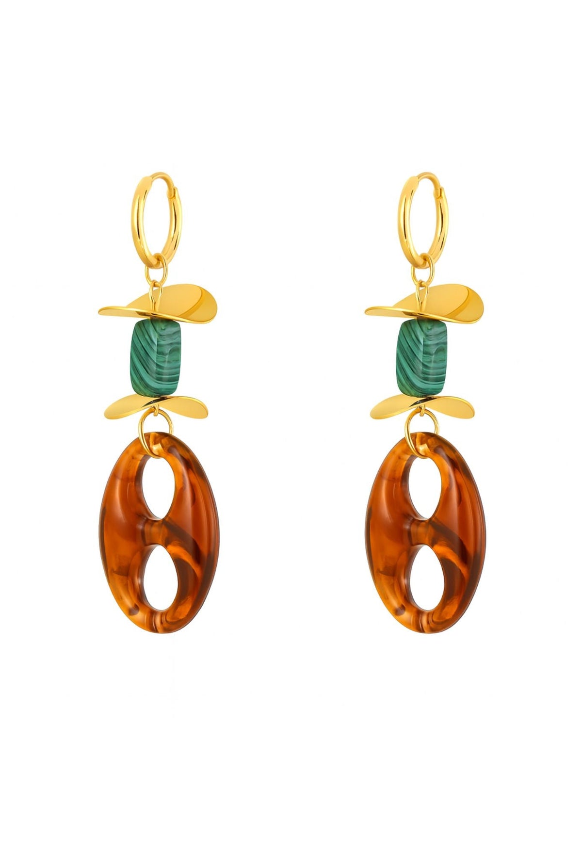 A pair of gold drop earrings featuring a small green stone bead, a gold leaf-shaped charm, and a large amber oval drop, shown on a plain white background.