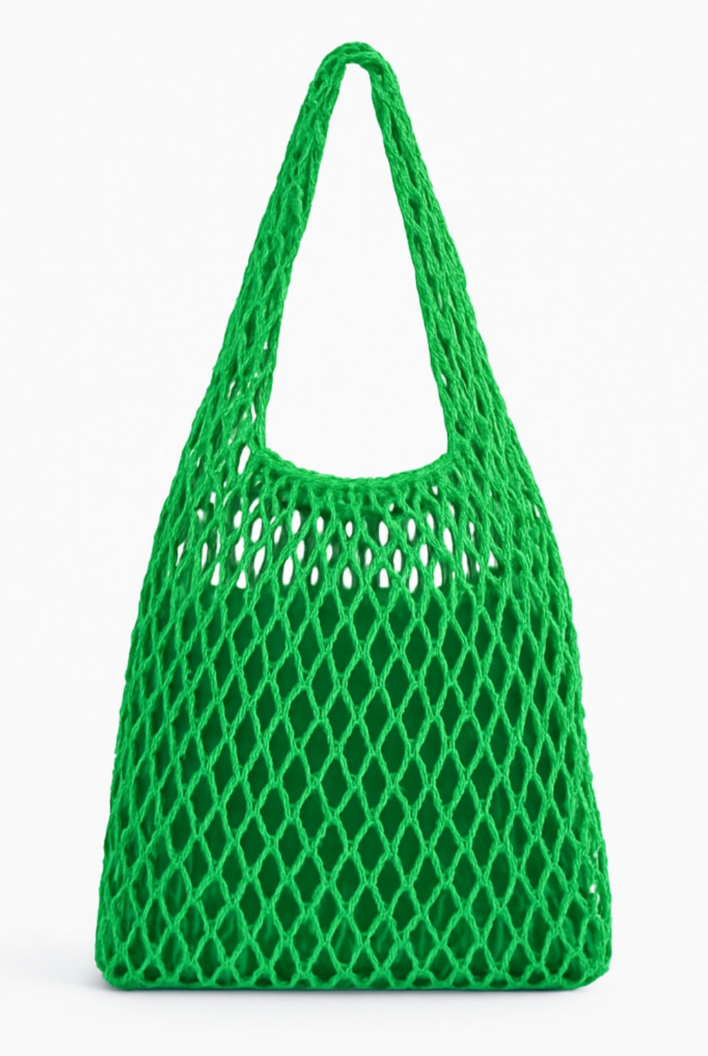Green mesh tote bag on a white background