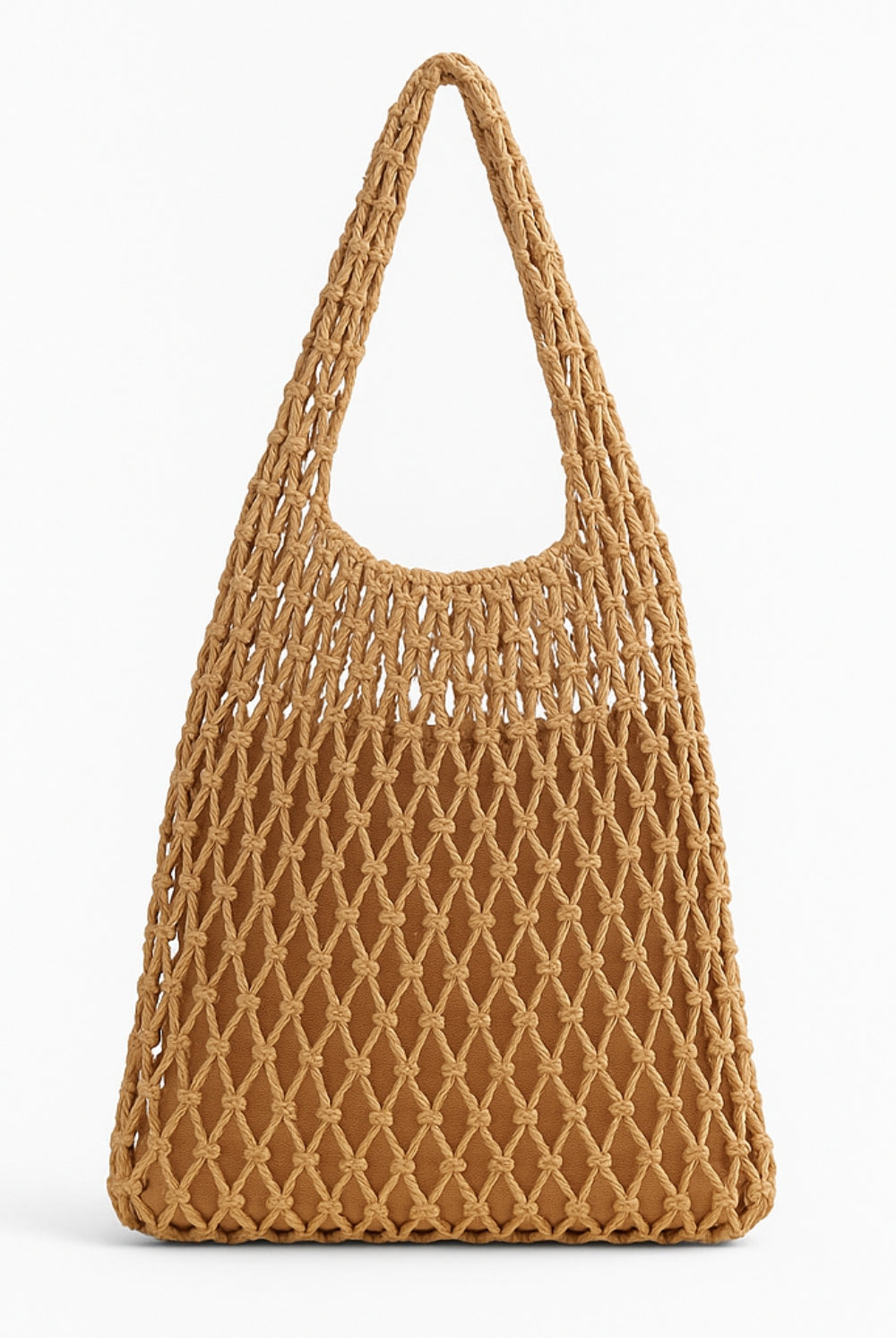 Brown woven handbag on a white background