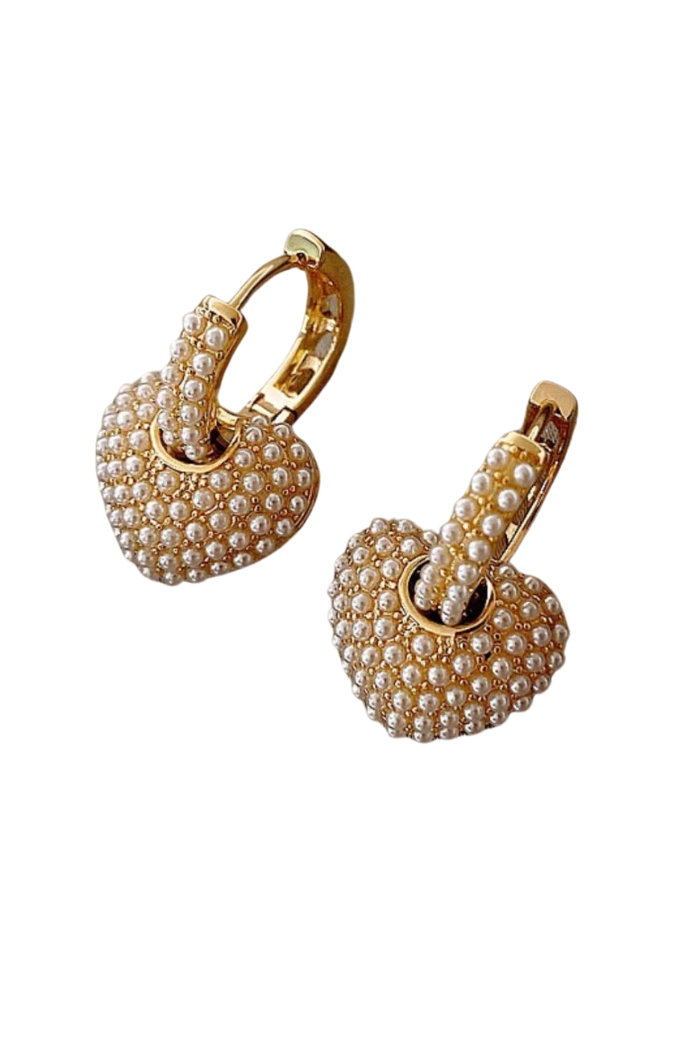 gold heart charm hoop earrings with pearl details