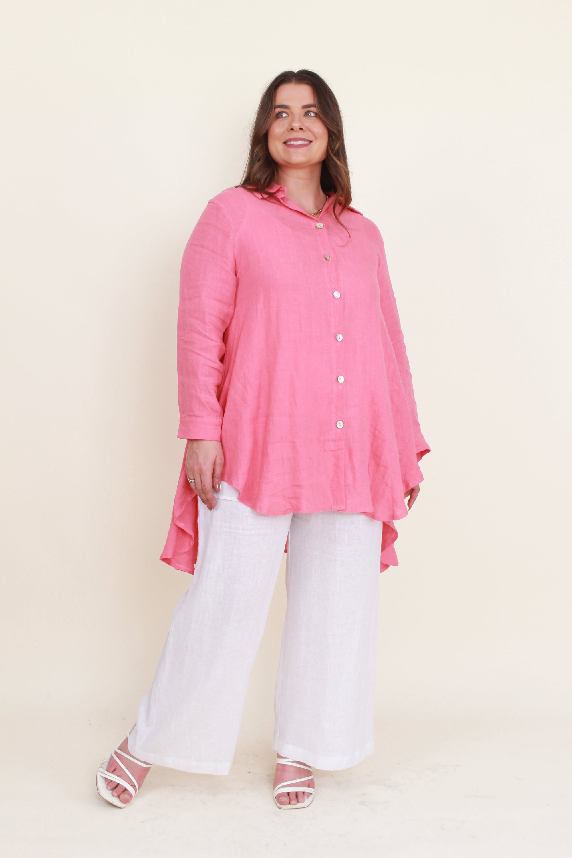 womens full length wide leg linen pant in white worn by model