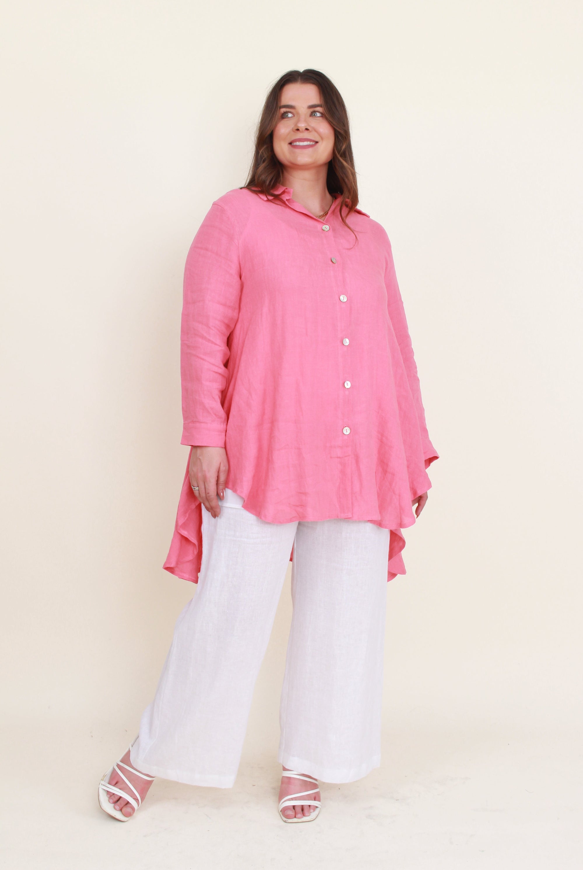 womens cocoon linen pant in white with white top worn by model