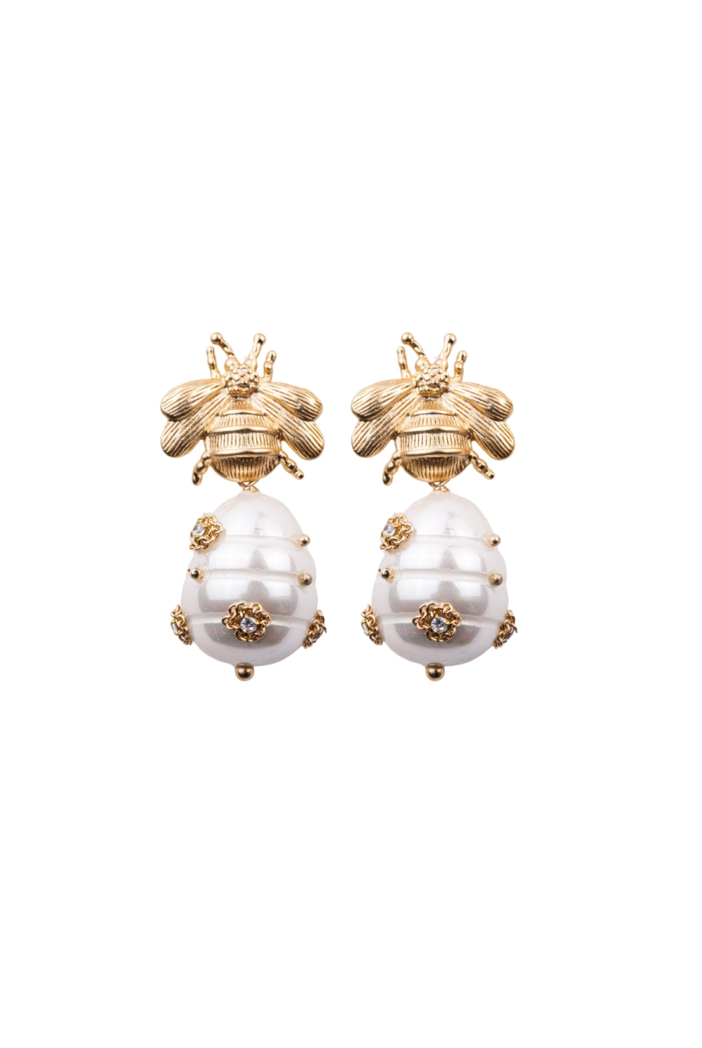 pearl and gold bee drop earrings