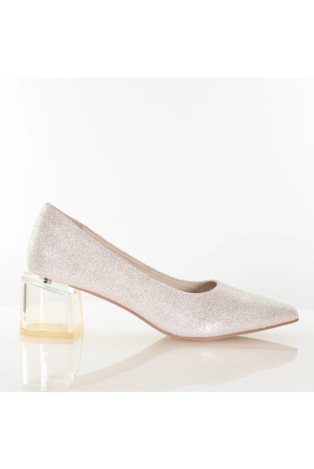champagne court shoe with clear block heel