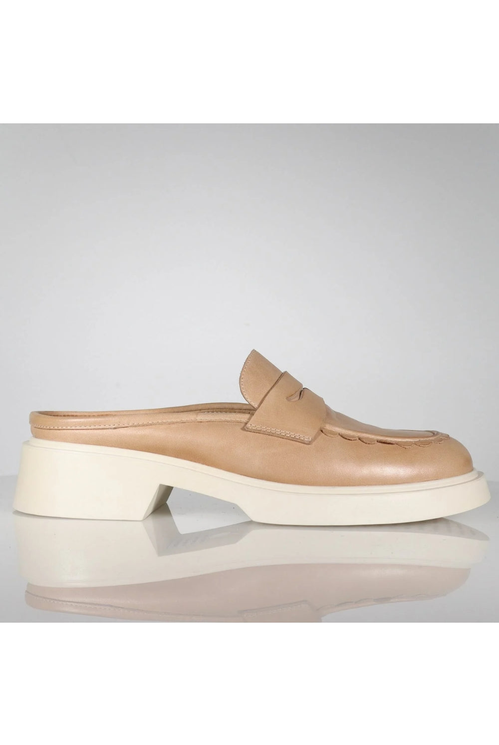 tan and cream block heel loafer