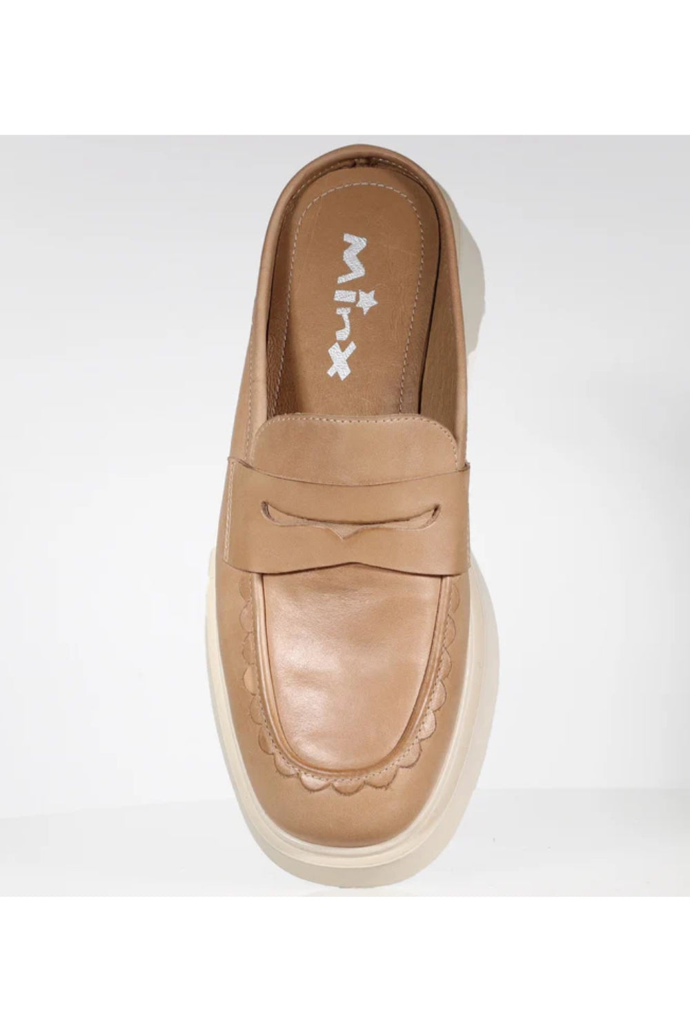 tan and cream block heel loafer