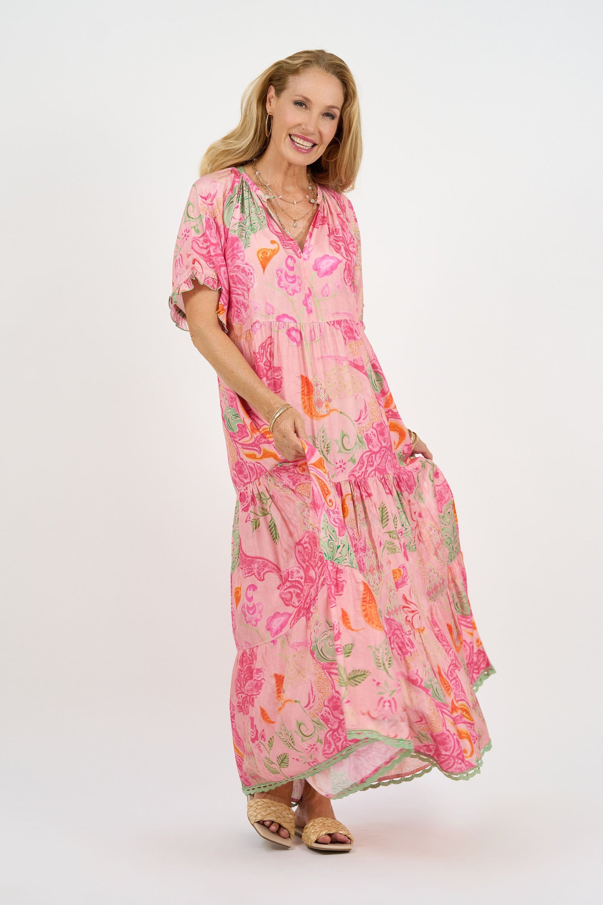 womens maxi dress boho pink floral worn by model