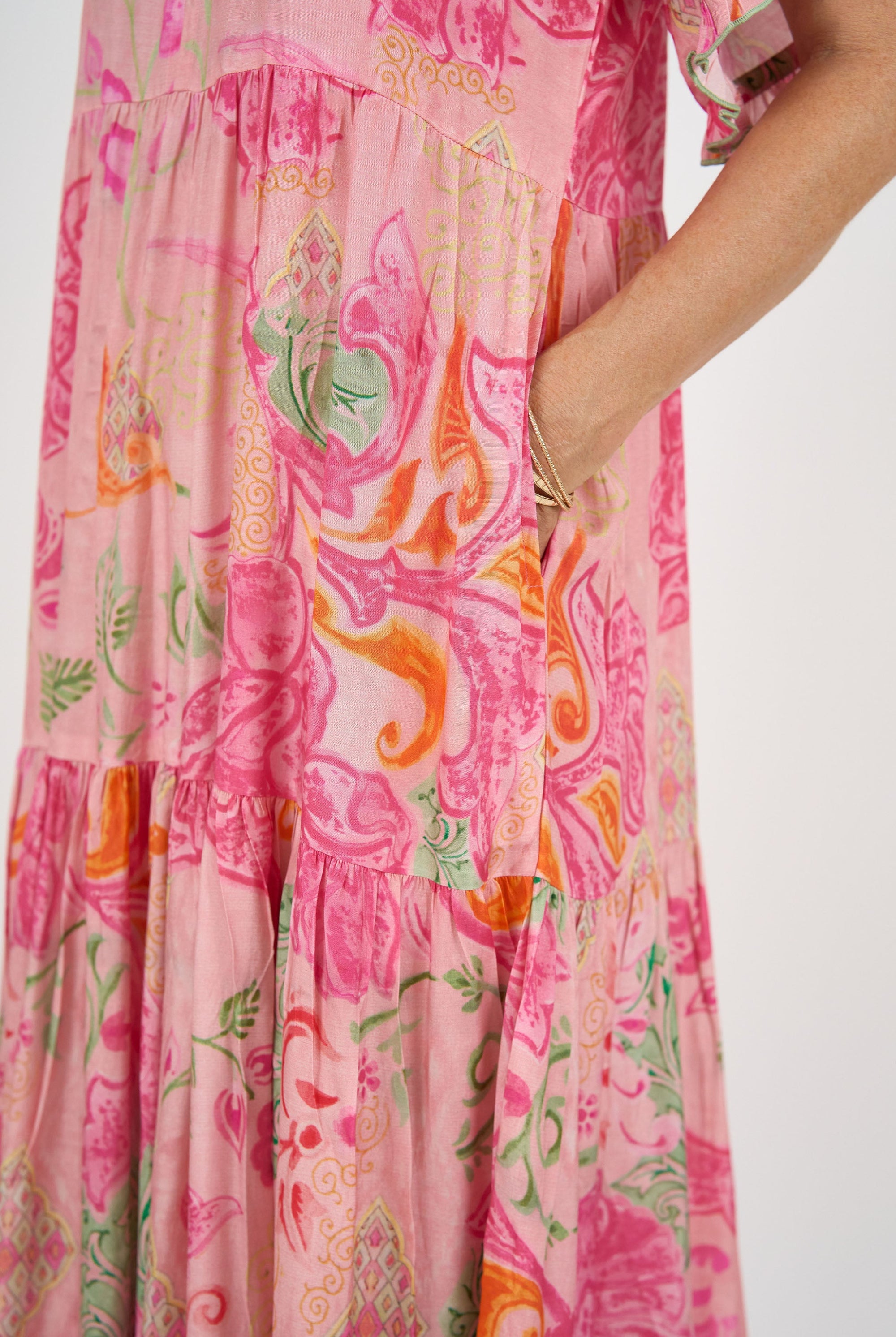 womens maxi dress boho pink floral worn by model detail