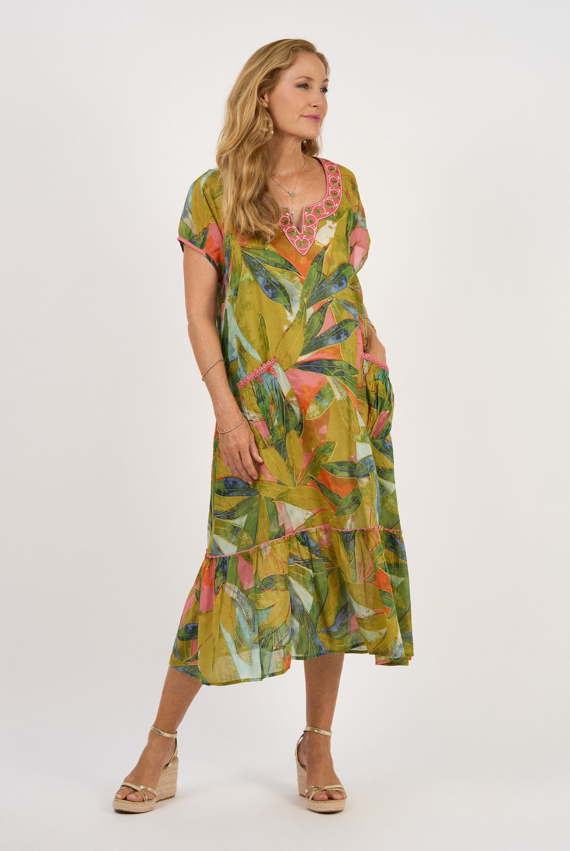 womens green multi leaf print midi dress worn by model