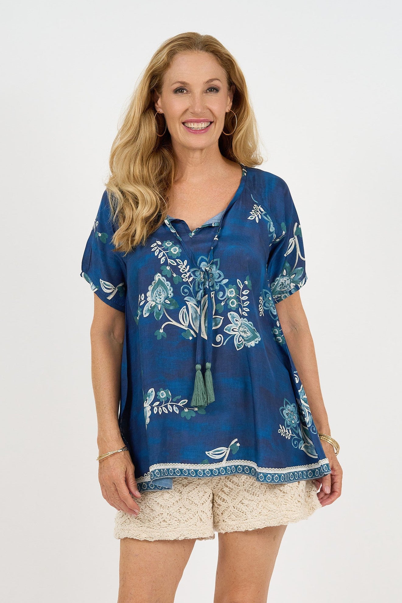 womens tunic blouse boho blue worn by model