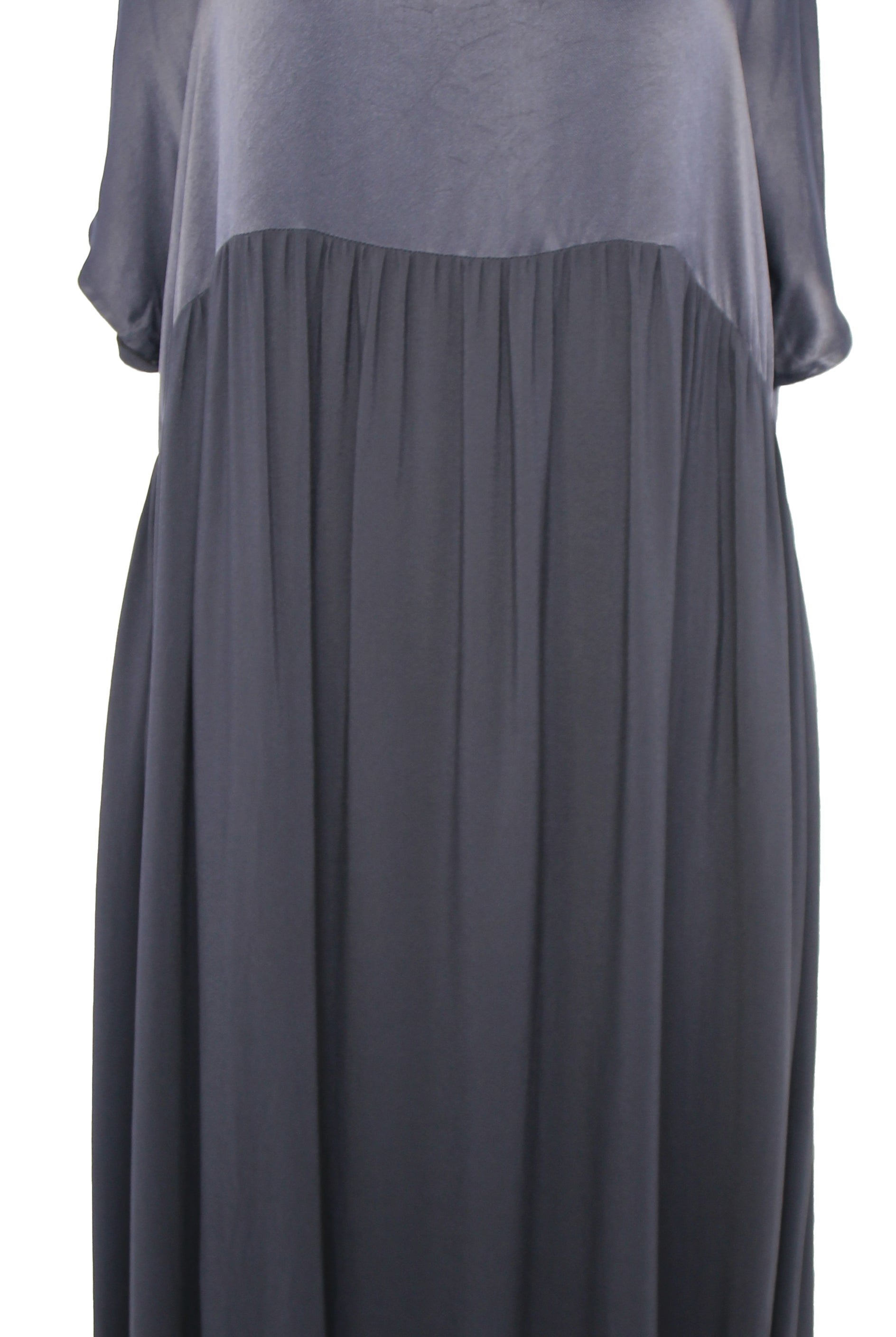Gray dress with a sheer overlay on a white background