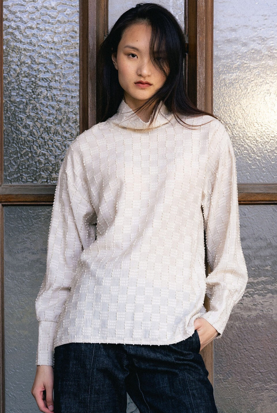 check-top-high-neck-sesame-plus-size-clothing