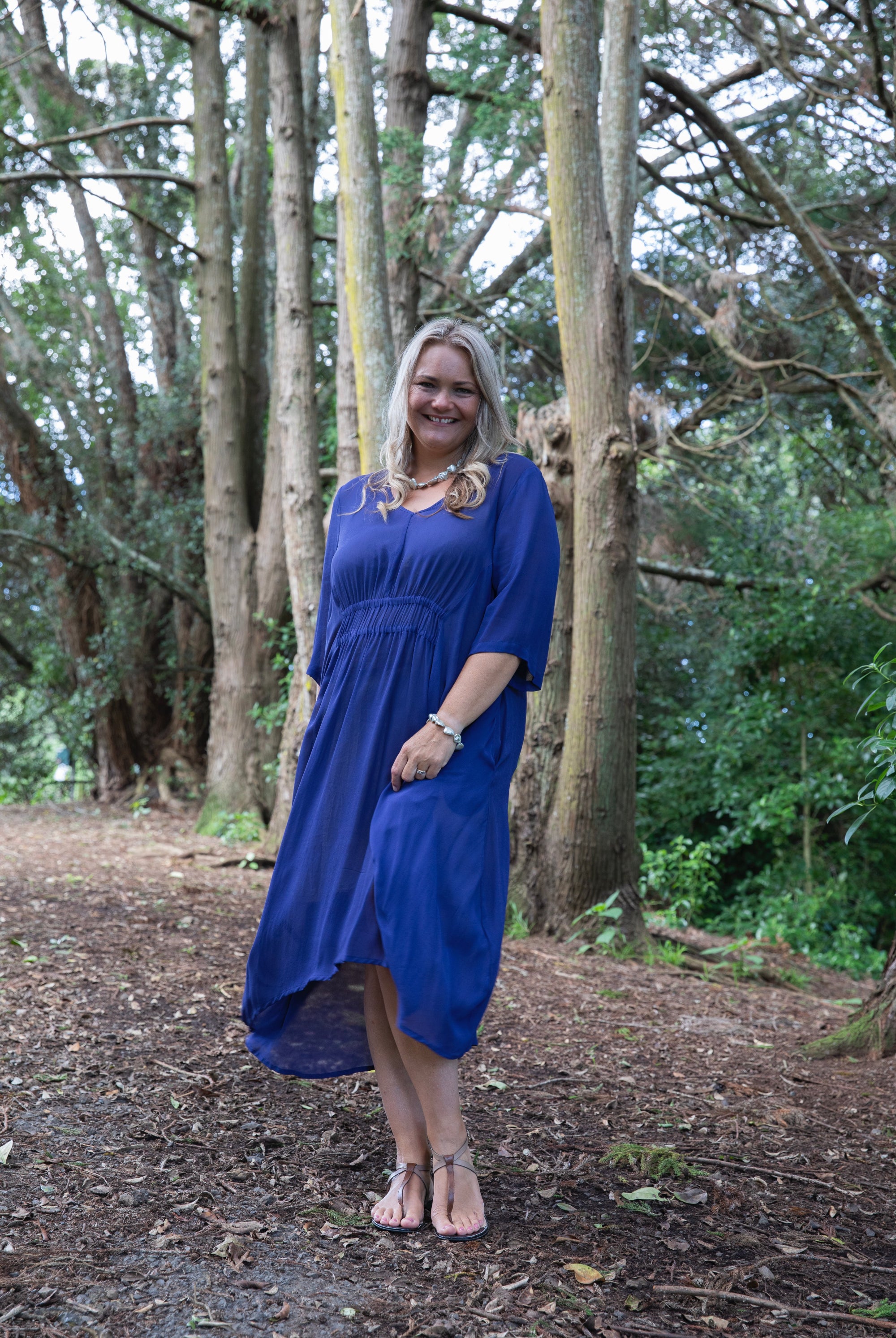 womens semi sheer midi dress half sleeve in admiral blue