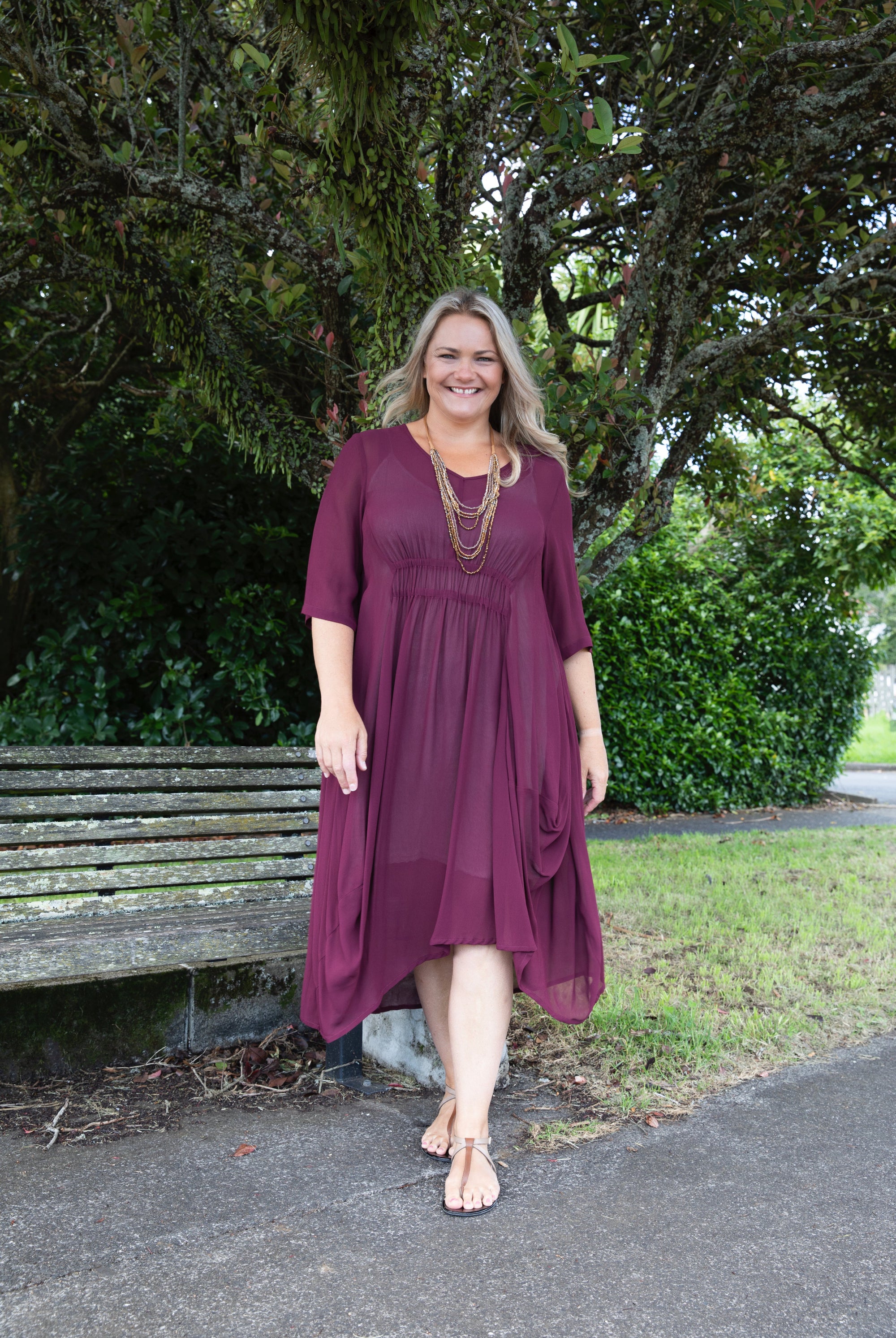 womens semi sheer midi dress half sleeve in plum