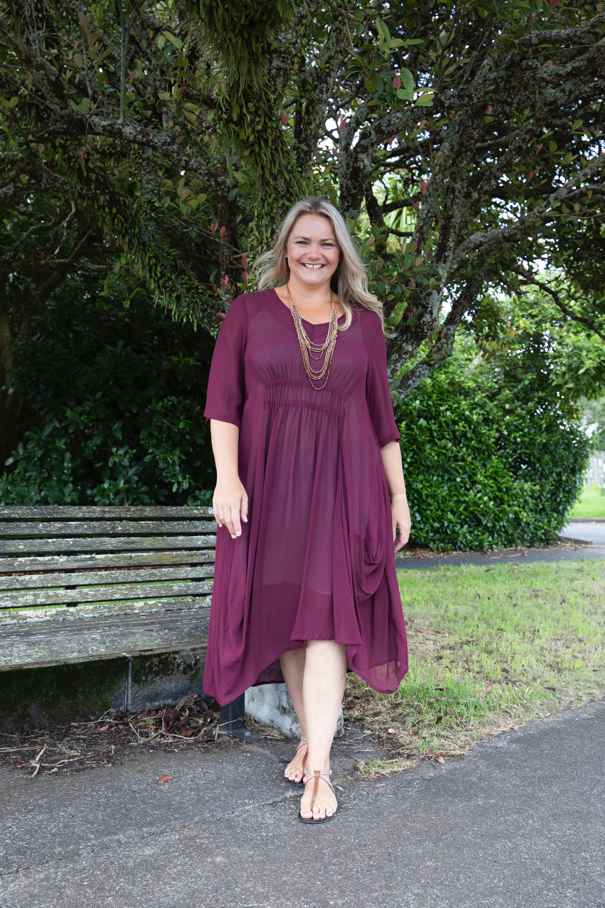 womens semi sheer midi dress half sleeve in plum