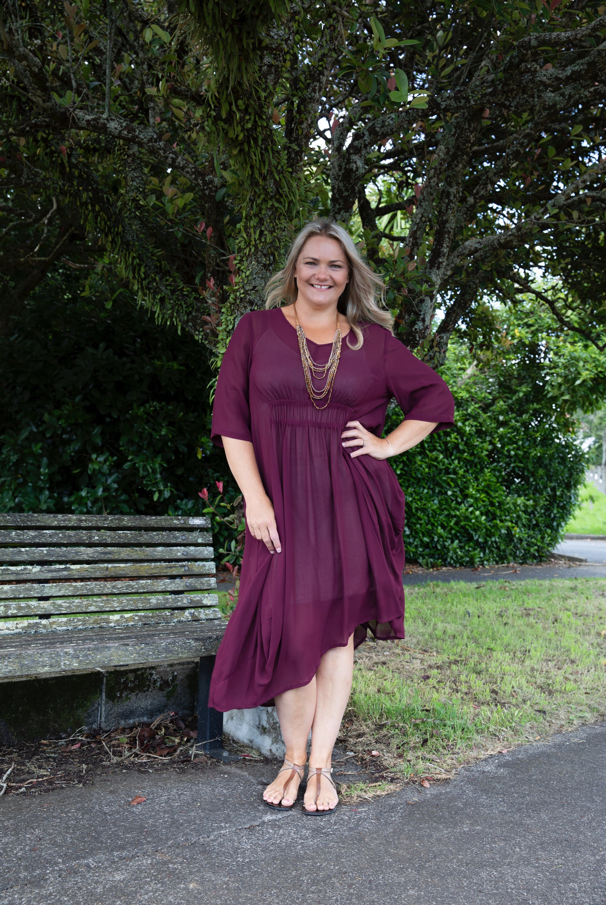 womens semi sheer midi dress half sleeve in plum 2