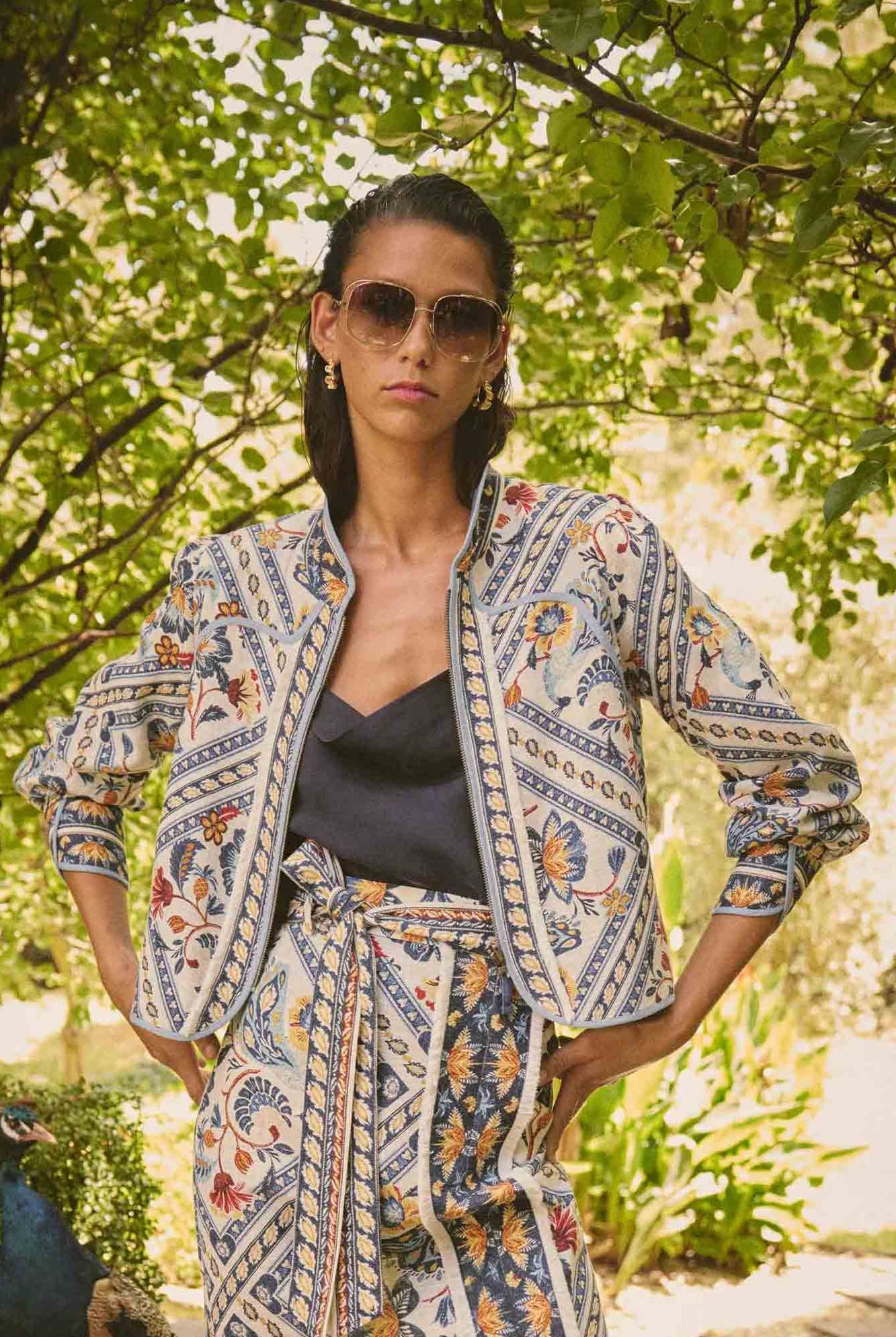 womens artisinal print jacket worn by model campaign