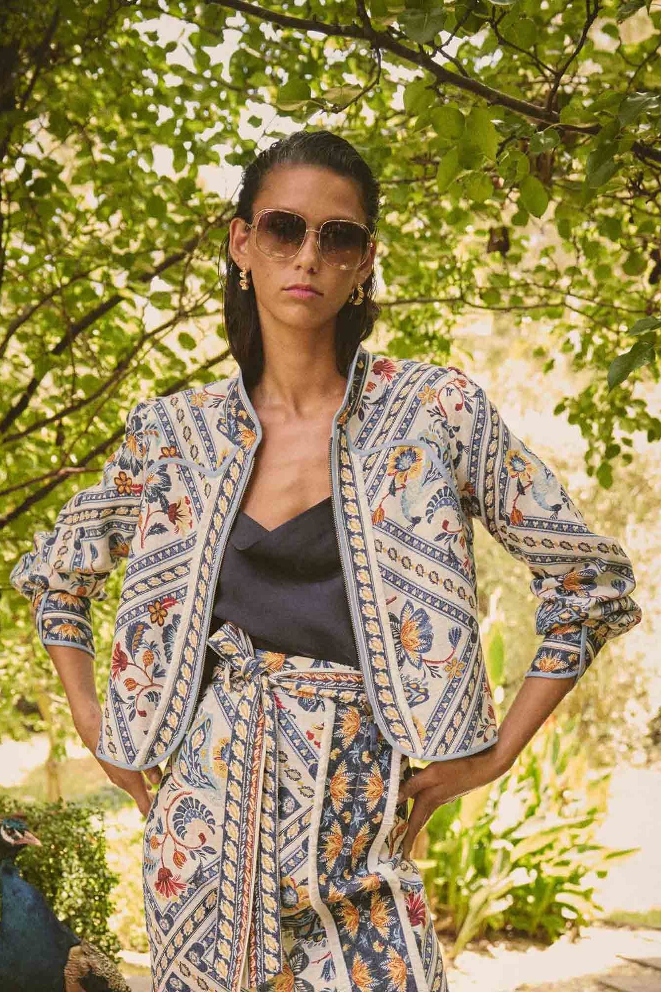 womens artisinal print jacket worn by model campaign