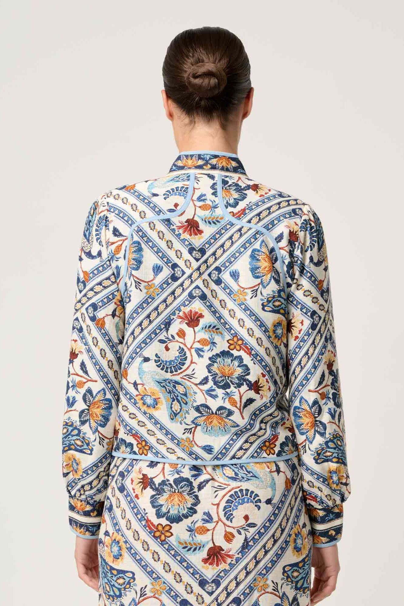 womens artisinal print jacket worn by model back view