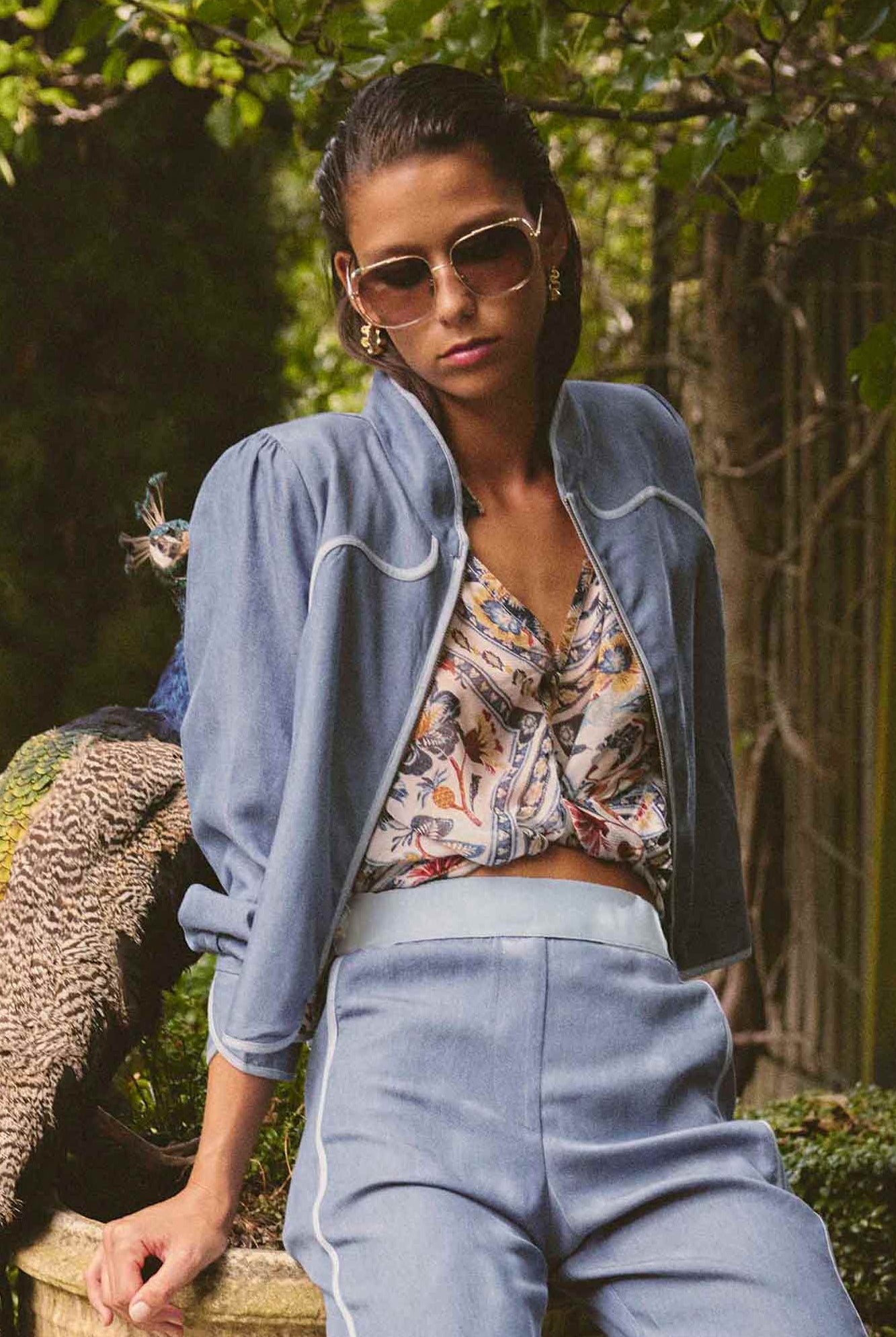 womens blue reversible jacket worn by model