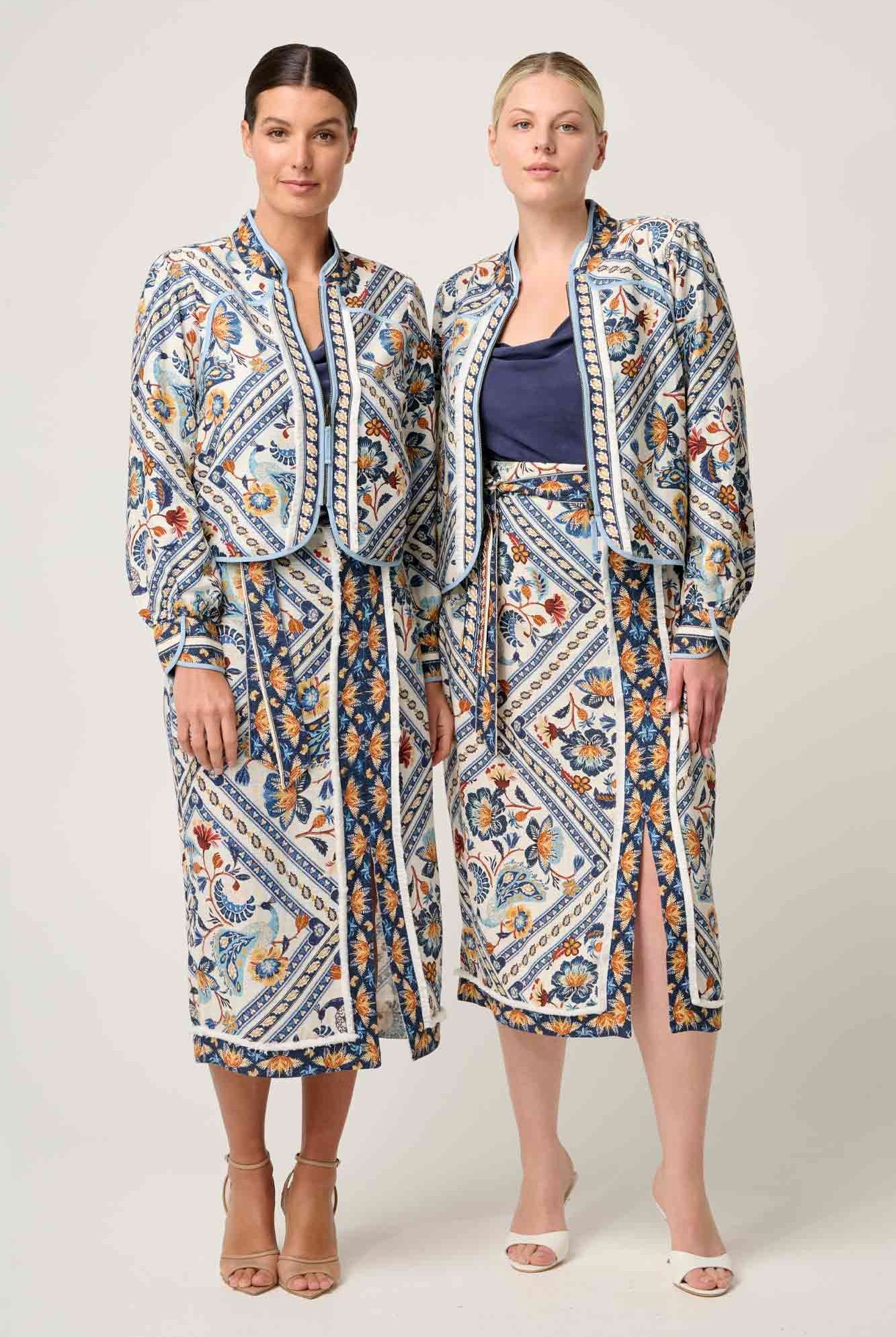 womens artisinal print jacket and skirt worn by two model model